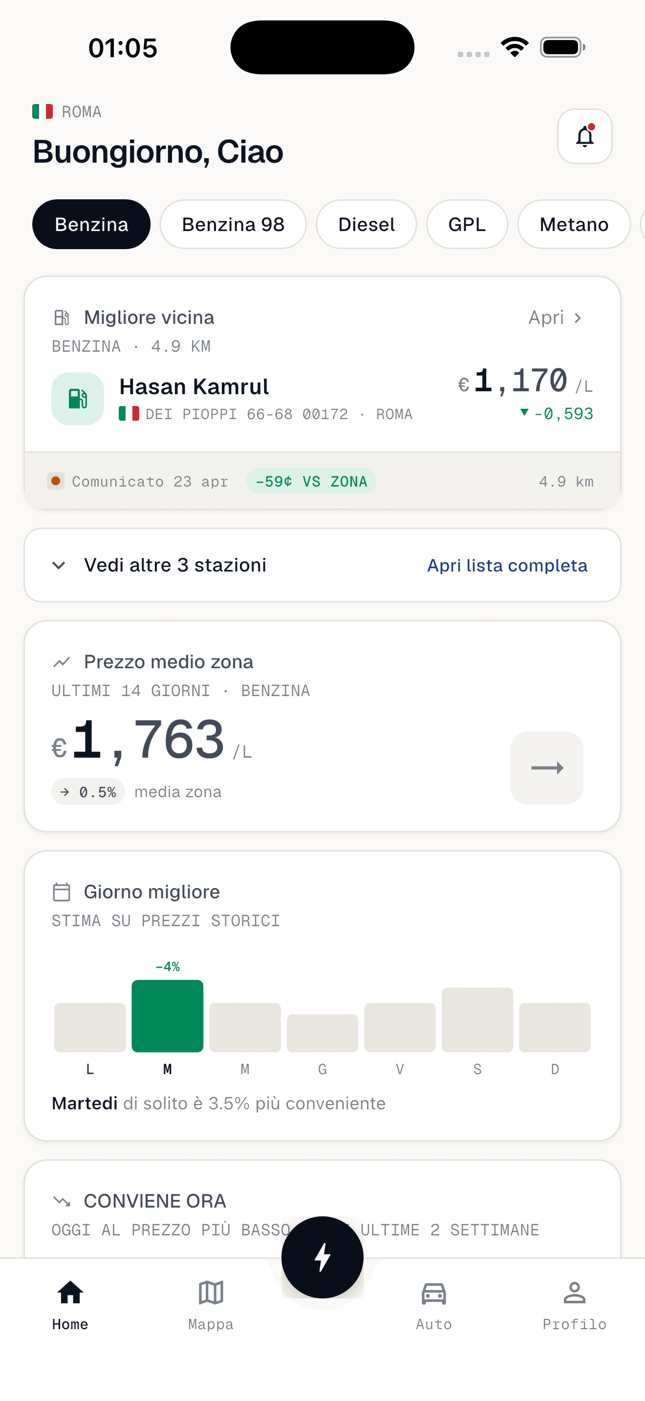 Schermata della mappa Rifuel con i prezzi del carburante per stazione